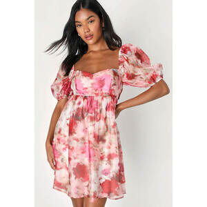 Lulus Darling Aura Pink Multi Floral Organza Babydoll Mini Dress - Size M
